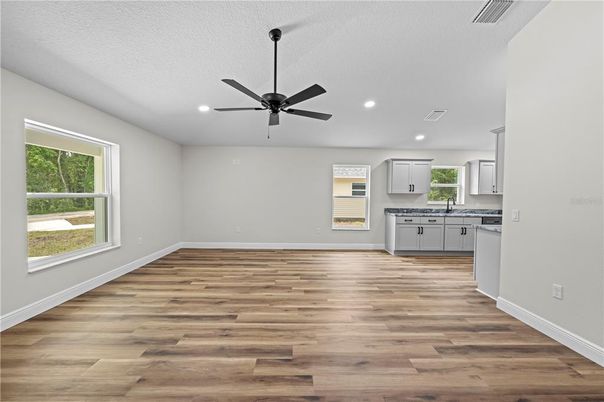 Empty room, Interior, Kitchen, Recessed Lighting, Wood Texture Flooring