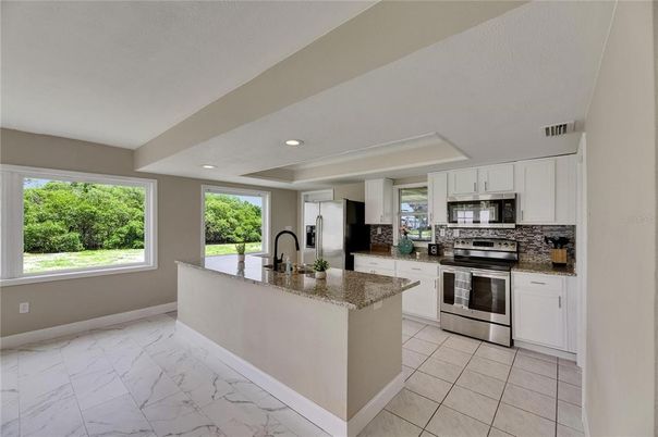 Interior, Kitchen, Marble, Recessed Lighting, Stainless Steel Appliances