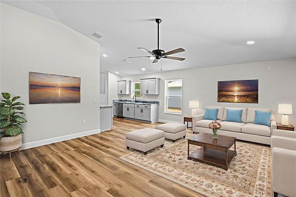 Interior, Kitchen, Living room, Recessed Lighting, Wood Texture Flooring