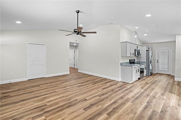 Empty room, Interior, Kitchen, Recessed Lighting, Wood Texture Flooring