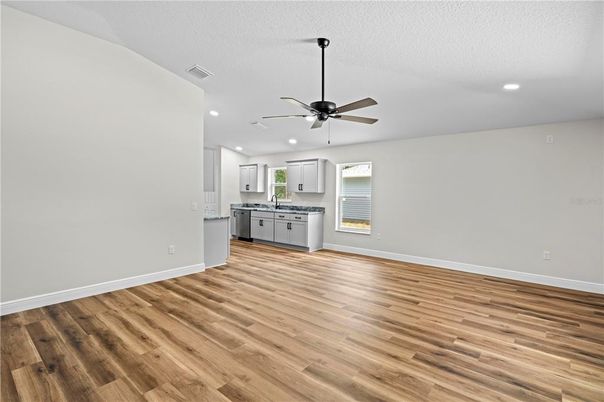 Empty room, Interior, Kitchen, Recessed Lighting, Wood Texture Flooring