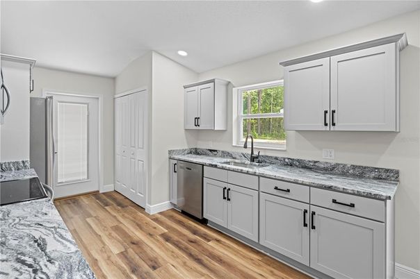 Interior, Kitchen, Recessed Lighting, Wood Texture Flooring