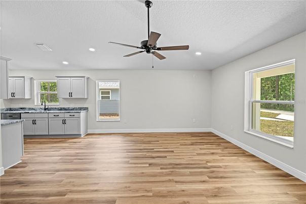 Empty room, Interior, Kitchen, Recessed Lighting, Wood Texture Flooring