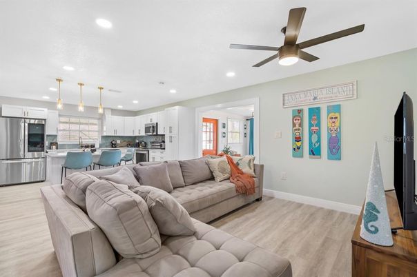 Interior, Kitchen, Living room, Pendant Lights, Recessed Lighting, Stainless Steel Appliances, Wood Texture Flooring