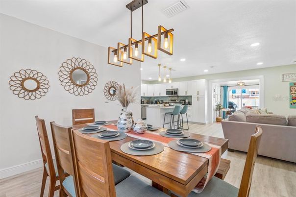 Dining room, Interior, Kitchen, Living room, Pendant Lights, Recessed Lighting, Wood Texture Flooring