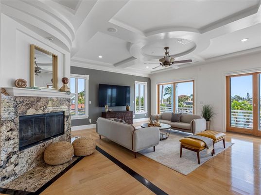 Fireplace, Interior, Living room, Recessed Lighting, Wood Texture Flooring