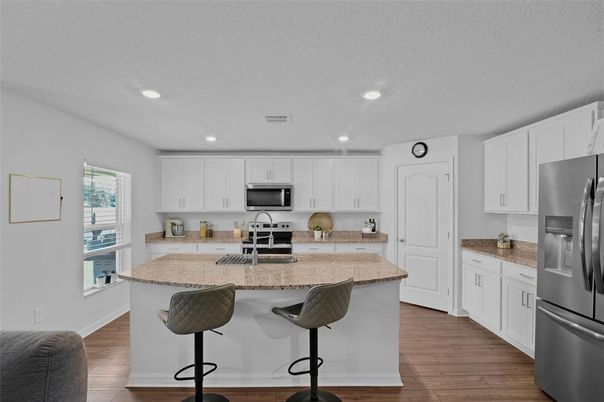Interior, Kitchen, Recessed Lighting, Stainless Steel Appliances, Wood Texture Flooring