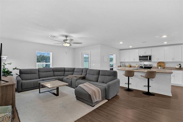 Interior, Kitchen, Living room, Recessed Lighting, Stainless Steel Appliances, Wood Texture Flooring