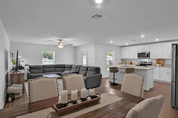 Interior, Kitchen, Living room, Recessed Lighting, Stainless Steel Appliances, Wood Texture Flooring