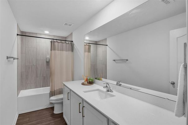 Bathroom, Interior, Recessed Lighting, Wood Texture Flooring