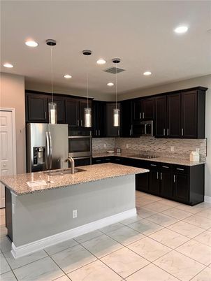 Interior, Kitchen, Marble, Pendant Lights, Recessed Lighting, Stainless Steel Appliances