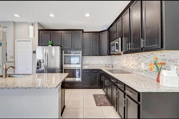 Interior, Kitchen, Marble, Pendant Lights, Recessed Lighting, Stainless Steel Appliances