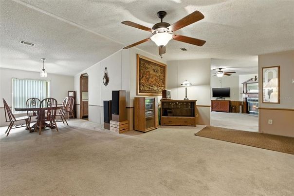 Dining room, Fireplace, Interior, Pendant Lights