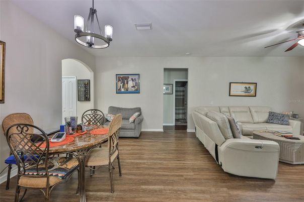 Dining room, Interior, Living room, Pendant Lights, Wood Texture Flooring
