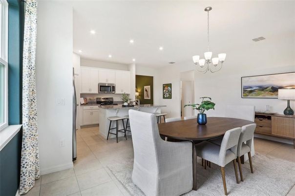 Chandelier, Dining room, Interior, Kitchen, Pendant Lights, Recessed Lighting, Stainless Steel Appliances