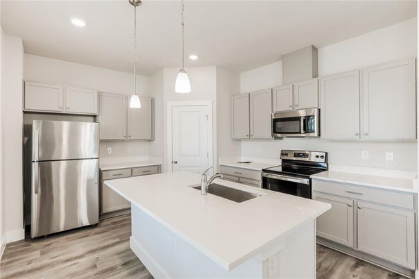 Interior, Kitchen, Pendant Lights, Recessed Lighting, Stainless Steel Appliances, Wood Texture Flooring