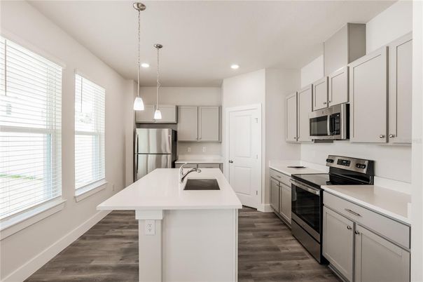 Interior, Kitchen, Pendant Lights, Recessed Lighting, Stainless Steel Appliances, Wood Texture Flooring