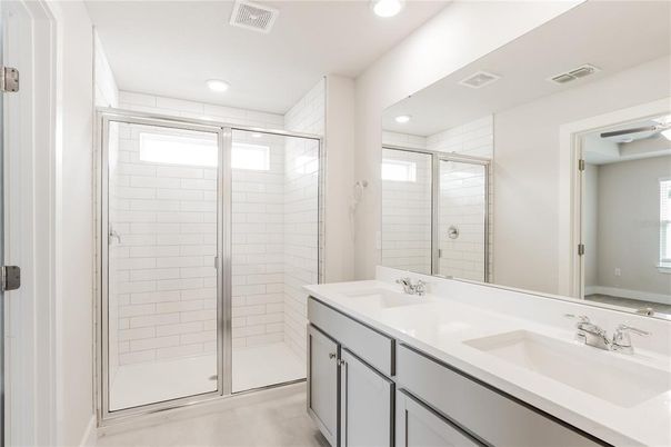Bathroom, Dual Sink Vanities, Glass Shower, Interior, Recessed Lighting