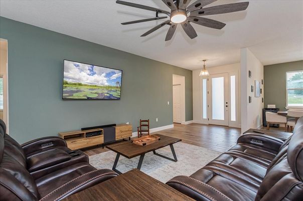 Home Theatre Room, Interior, Living room, Pendant Lights, Wood Texture Flooring