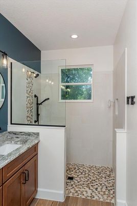 Bathroom, Glass Shower, Interior, Recessed Lighting, Wood Texture Flooring