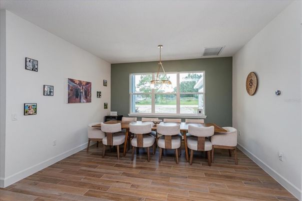 Dining room, Interior, Pendant Lights, Wood Texture Flooring
