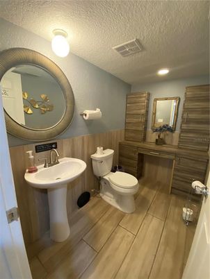 Bathroom, Interior, Recessed Lighting, Wood Texture Flooring