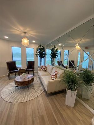 Chandelier, Interior, Living room, Recessed Lighting, Wood Texture Flooring