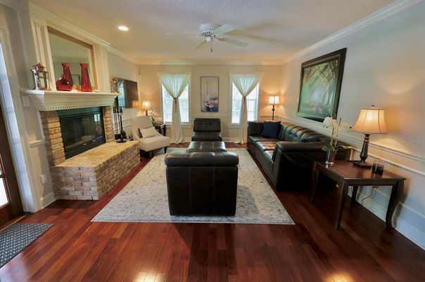 Fireplace, Interior, Living room, Recessed Lighting, Wood Texture Flooring
