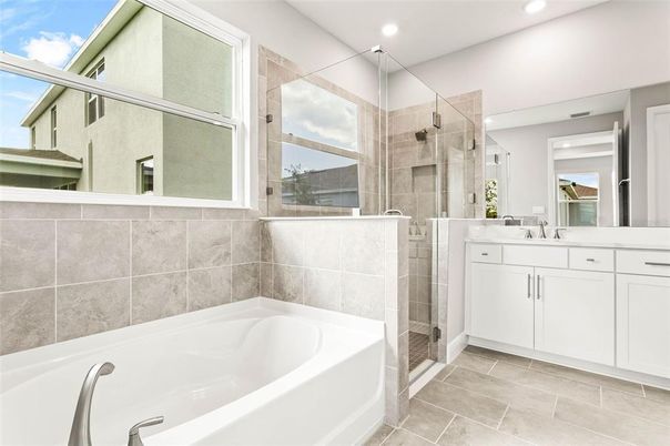 Bathroom, Dual Sink Vanities, Glass Shower, Interior, Recessed Lighting