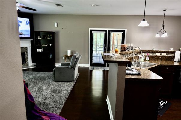 Fireplace, Interior, Kitchen, Pendant Lights, Wood Texture Flooring