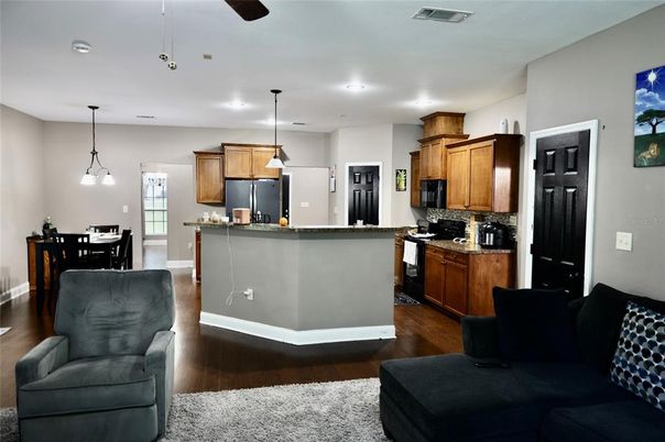 Dining room, Interior, Kitchen, Pendant Lights, Recessed Lighting, Wood Texture Flooring