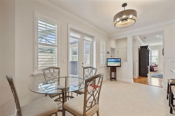 Chandelier, Dining room, Interior, Pendant Lights, Recessed Lighting, Wood Texture Flooring