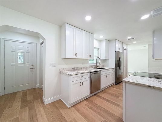Interior, Kitchen, Recessed Lighting, Wood Texture Flooring