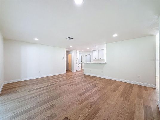 Empty room, Interior, Kitchen, Recessed Lighting, Wood Texture Flooring