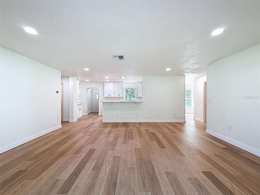 Empty room, Interior, Kitchen, Recessed Lighting, Wood Texture Flooring