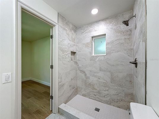 Bathroom, Interior, Marble Walls, Recessed Lighting, Wood Texture Flooring