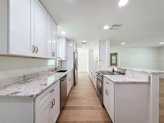 Interior, Kitchen, Recessed Lighting, Wood Texture Flooring