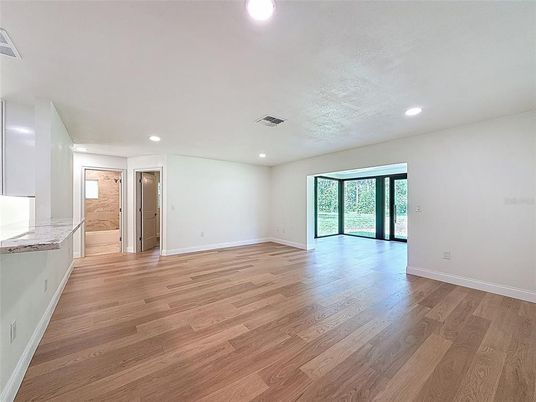 Empty room, Interior, Recessed Lighting, Wood Texture Flooring