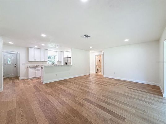 Empty room, Interior, Kitchen, Recessed Lighting, Wood Texture Flooring