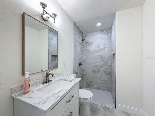 Bathroom, Glass Shower, Interior, Marble, Marble Walls, Recessed Lighting