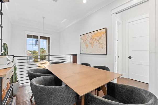 Dining room, Interior, Pendant Lights, Recessed Lighting, Wood Texture Flooring