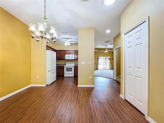 Chandelier, Interior, Kitchen, Recessed Lighting, Wood Texture Flooring