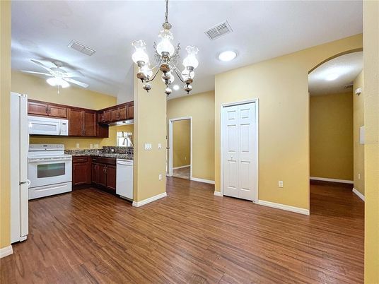 Chandelier, Interior, Kitchen, Recessed Lighting, Wood Texture Flooring