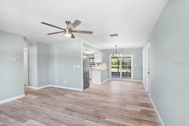 Chandelier, Empty room, Interior, Kitchen, Wood Texture Flooring
