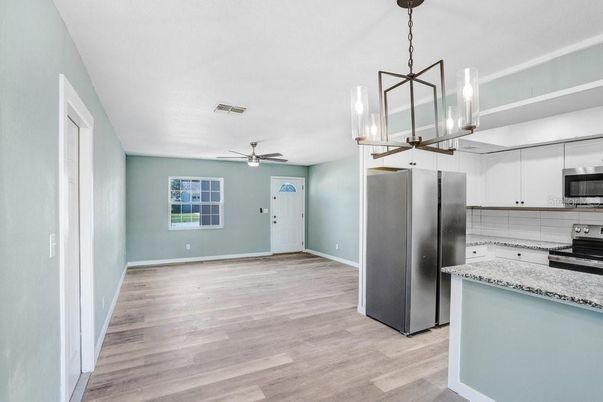 Interior, Kitchen, Pendant Lights, Stainless Steel Appliances, Wood Texture Flooring