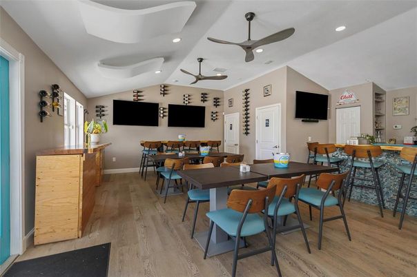 Dining room, Interior, Recessed Lighting, Wood Texture Flooring