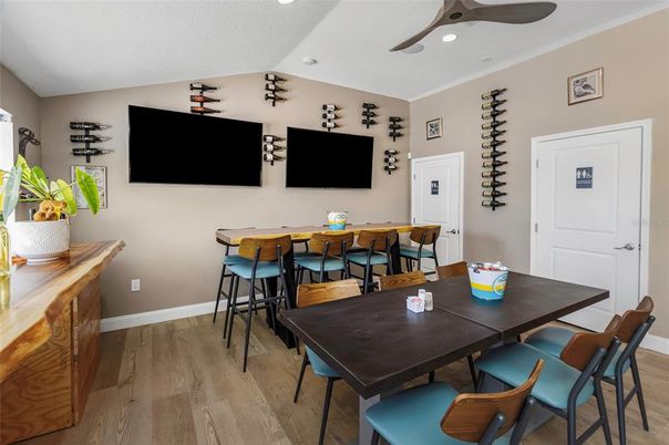 Dining room, Interior, Recessed Lighting, Wood Texture Flooring