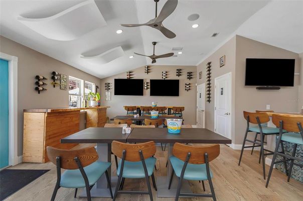 Dining room, Interior, Recessed Lighting, Wood Texture Flooring