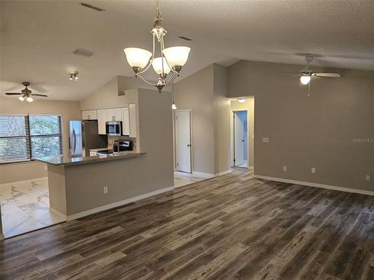 Chandelier, Interior, Kitchen, Pendant Lights, Stainless Steel Appliances, Wood Texture Flooring