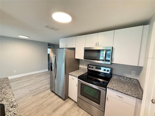Interior, Kitchen, Recessed Lighting, Stainless Steel Appliances, Wood Texture Flooring